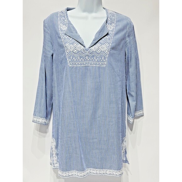 J. McLaughlin Blue Striped Lace Trim Blouse Tunic 3/4 Sleeve Women's Size S (A1) - Picture 1 of 16